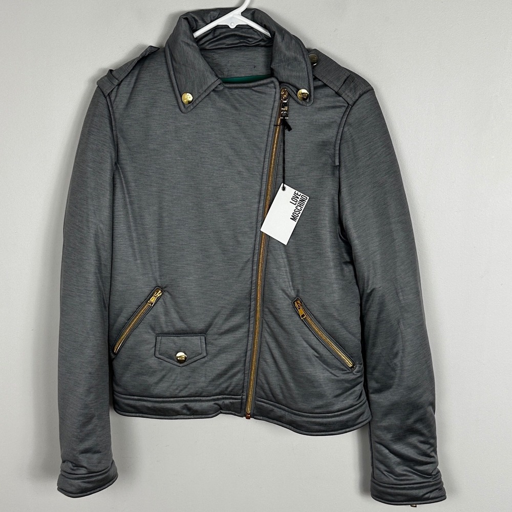 Love Moschino Womens Jacket Size 44 Italian or 8 US Moto Biker Grey Zip NEW NWT